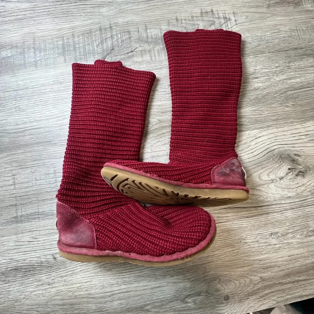 UGG Lattice Cardy Boots Womens 8 Burgundy Red Knit‎ 3-Button Tall 5819